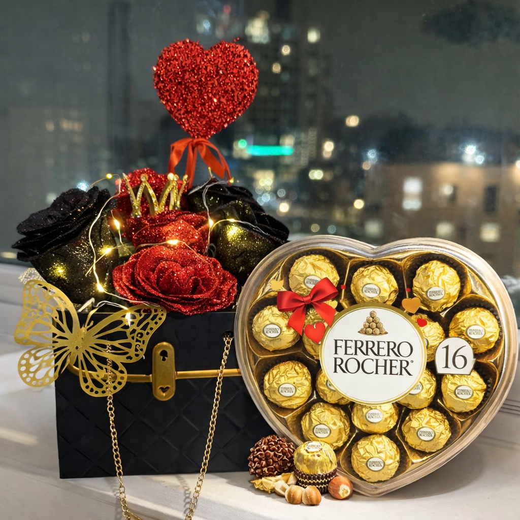 Luxury Love Gift Box (Bouquet + Ferrero Rocher Heart) – Handcrafted & LED Lit