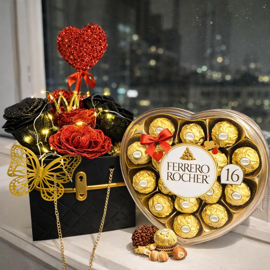 Luxury Love Gift Box (Bouquet + Ferrero Rocher Heart) – Handcrafted & LED Lit